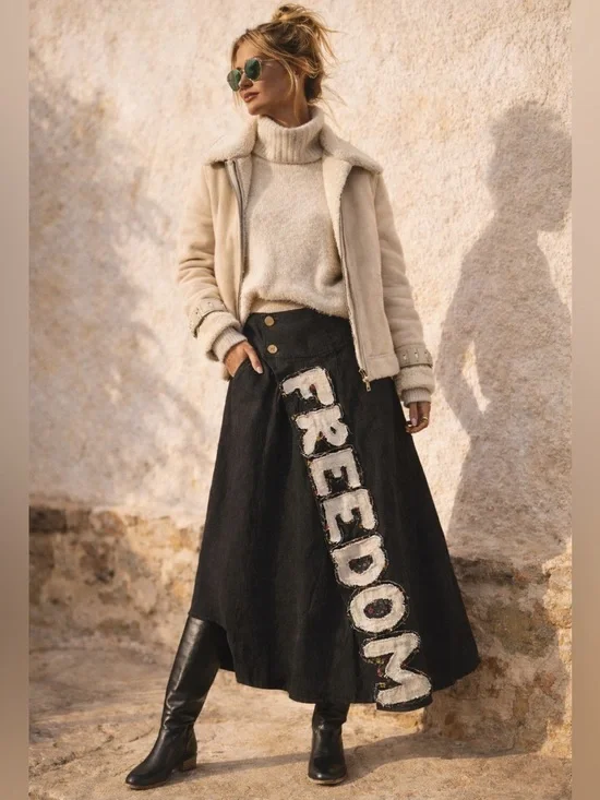 FREEDOM Patch A-Line Organic Cotton Boho Statement Midi Skirt Artisan Bottom S/M - Picture 4 of 11